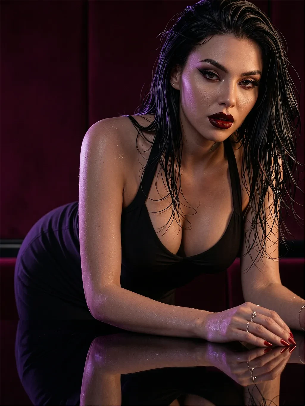 Mara, a fictional AI girlfriend, leaning on a bar table at night — cast as the stranger in the rooftop scene
